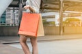 Close up of hand woman holding shopping bags in city,Lifestyle concept Royalty Free Stock Photo