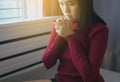 Close up of hand woman in praying position,Female pay respect or put your hands together in a prayer position Royalty Free Stock Photo