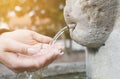 Close up of hand woman under drinking water fountain with bokeh tree background Royalty Free Stock Photo