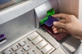 Close up hand of woman using credit card to withdraw money from atm bank machine