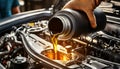 Hand of Mechanic Pouring a Bottle of Oil in Car Engine - Generative Ai Royalty Free Stock Photo