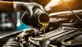 Hand of Mechanic Pouring a Bottle of Oil in Car Engine - Generative Ai Royalty Free Stock Photo