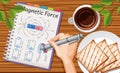 Close up hand writing magnetic force on notebook with snack and coffee on desk background