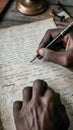 Close-up of a hand writing on parchment with a fountain pen, vintage brass bell and inkwell in background Royalty Free Stock Photo