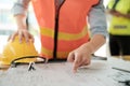 Close up of hand& x27;s architects working on blueprints in the office with drawing tools and a blueprint on his desk. Royalty Free Stock Photo