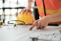 Close up of hand& x27;s architects working on blueprints in the office with drawing tools and a blueprint on his desk. Royalty Free Stock Photo