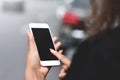 Close up hand of young mixed race business woman using phone contact with partner at outdoor, business people success in job, busi