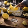 A close-up of a hand zestily grating a lemon peel over a classic cocktail4