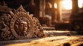 A close-up of a handcrafted wooden sculpture with intricate carvings and textures.