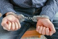 Close-up of handcuffed hands. The value of the security. Insulation. The handcuffs are locked. Royalty Free Stock Photo