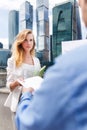 Close-up of handing over documents during business briefing Royalty Free Stock Photo