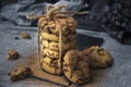 Close-up of handmade chocolate cookie tower tied with rope. Cooking background. Gastronomy concept Royalty Free Stock Photo