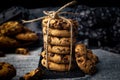 Close-up of handmade chocolate cookie tower tied with rope. Cooking background. Gastronomy concept Royalty Free Stock Photo