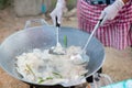 Close up handmade cooking Sweet Young Coconut Dried, Maprao Keaw thai sweets snack traditional, Chiang Khan