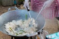 Close up handmade cooking Sweet Young Coconut Dried, Maprao Keaw thai sweets snack traditional, Chiang Khan