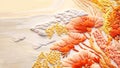 Close up handmade floral embroidery on silk. Large flowers are embroidered on white fabric