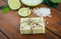 Close up of handmade herbal soap bar on wood Royalty Free Stock Photo