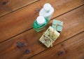 Close up of handmade soap bars and lotions on wood Royalty Free Stock Photo