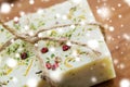 Close up of handmade soap bars on wood Royalty Free Stock Photo