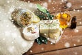 Close up of handmade soap bars on wood Royalty Free Stock Photo