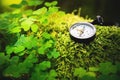 Close up handmade wooden compass, tree shadows on green nature grass ground. holiday adventure in forest. Compass