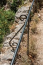 Close-up of the handrail staircase to the Notre-Dame de Beauvoir church. Royalty Free Stock Photo