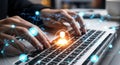 Hands typing on keyboard with futuristic digital network connections and glowing lights symbolizing data Royalty Free Stock Photo