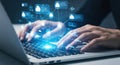Hands typing on a laptop with glowing digital connections and abstract data visualizations representing technology and networking Royalty Free Stock Photo