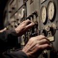 A close-up of hands adjusting dials and switches on a high-tech control panel