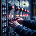 A close-up of hands adjusting dials and switches on a high-tech control panel