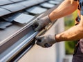 Close-up of hands adjusting roofing materials, demonstrating precision in construction Royalty Free Stock Photo