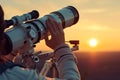 Close-up of hands adjusting telescope settings for observation