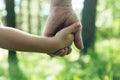 Close-up hands an adult holding a child`s hand. Love. Royalty Free Stock Photo