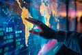 Closeup of hands analyzing global economic data on interactive digital screens