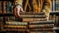 Close-up of hands arranging a stack of old leather-bound books in a classic library setting