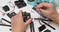 Close-up of hands assembling robotics educational toy. STEM education concept Royalty Free Stock Photo