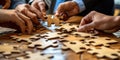 Close-up of hands assembling a wooden jigsaw puzzle
