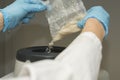 Close-up of hands with blue nitril gloves pouring a rice sample in a centrifugal ultra centrifugal mill for grinding.