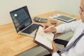 Close up of hands of business man working on laptop.Blank screen Royalty Free Stock Photo