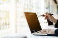 Close up hands of business woman working, using computer laptop Royalty Free Stock Photo