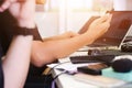 Close up hands on businessman working using smartphone and laptop on table workspace with sunlight. business working background Royalty Free Stock Photo