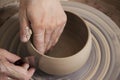 Close-up of the hands of a ceramist working in his potter wheel.