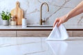 Close up of hands cleaning a counter with a microfiber cloth, emphasizing hygiene in a modern kitchen, Generated AI Royalty Free Stock Photo