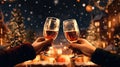 Close up of hands clinking glasses with champagne over christmas background