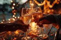 Close up of hands clinking glasses of sparkling wine with bokeh background