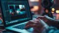 close up hands of content creator using laptop editing video footage Royalty Free Stock Photo