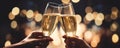 close up on hands of a couple holding glasses of champagne making a toast. celebration with champagne with blurred background boke Royalty Free Stock Photo