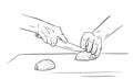 Close up hands cutting onion with knife on chopping board, Vector drawing, Hand drawn illustration black ink sketch