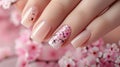 Close-up of hands with delicate cherry blossom nail art.