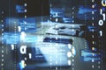 Close up of hands at desktop using computer keyboard with abstract coding binary code hologram on blurry background. Artificial Royalty Free Stock Photo